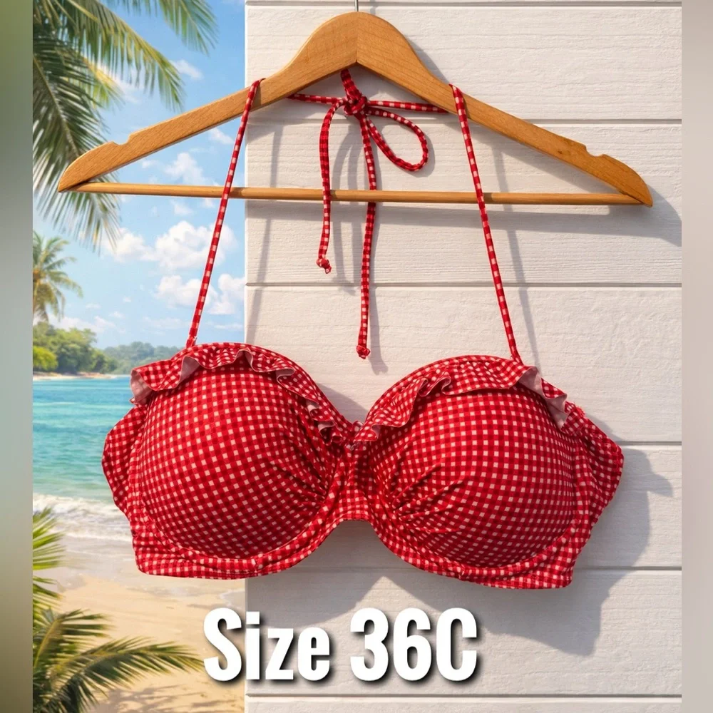 👙🔥 Choice by Blue Wave Red Gingham Bikini Top 36C Underwire Halter Swim